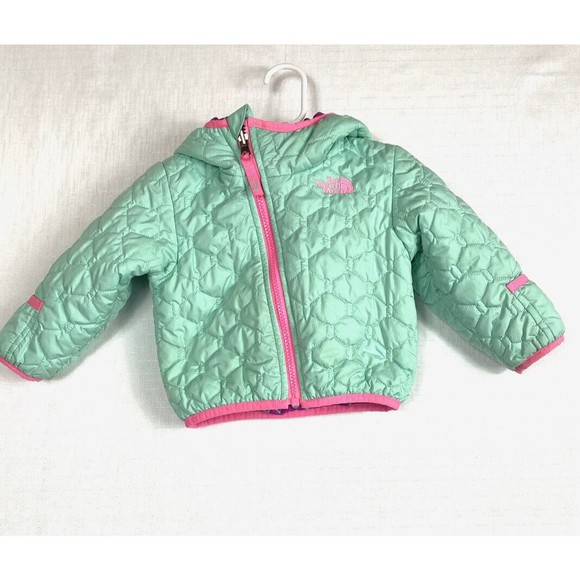 The North Face Other - The North Face Reversible Hooded Full Zip Puffer Jacket Girls Mint Multi 6-12M?